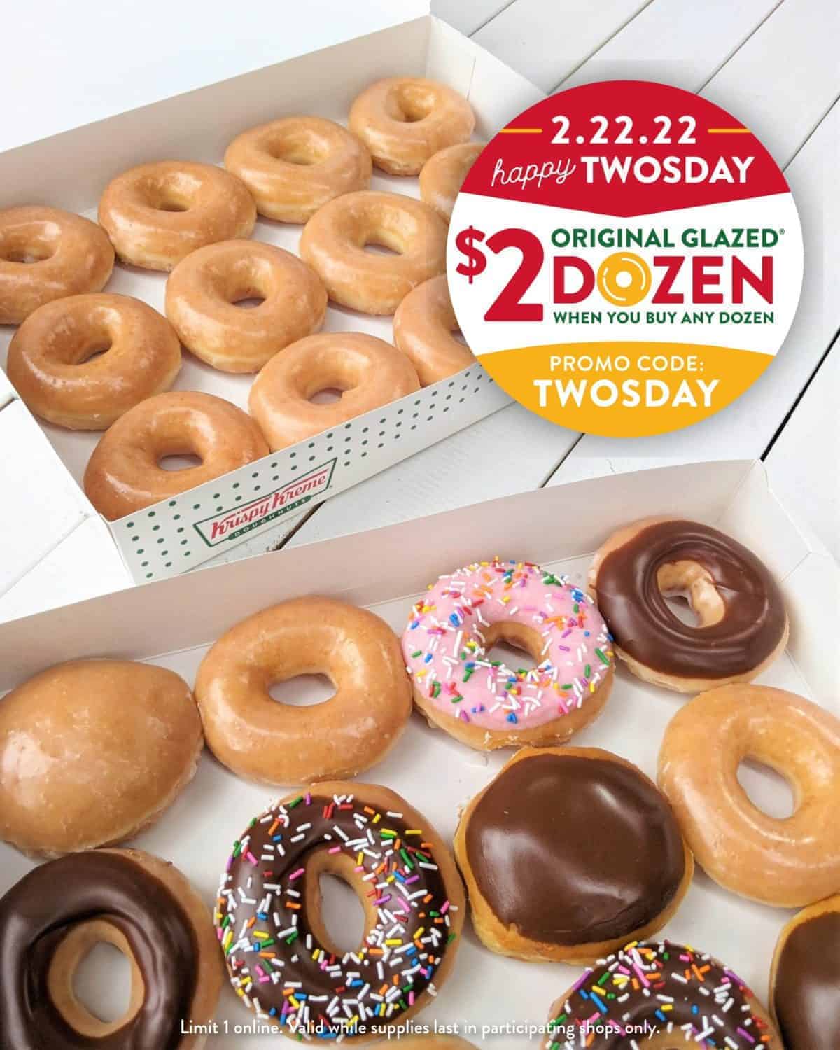 Krispy Kreme Get Dozen Original Glazed Doughnuts For 2 On Twos Day