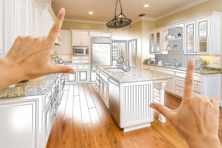Remodel kitchen for less - Female Hands Framing Custom Kitchen Design Drawing and Photo Combination.