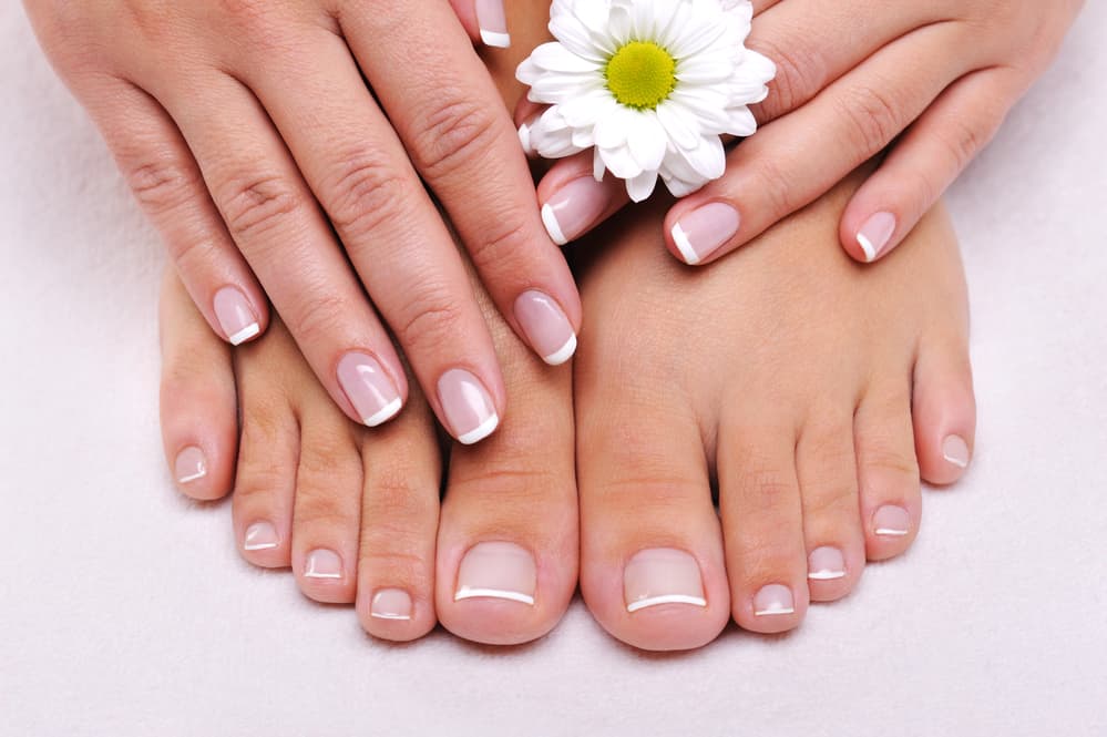 A closeup of manicured hands and feet with a pedicure, with hands holding a daisy.