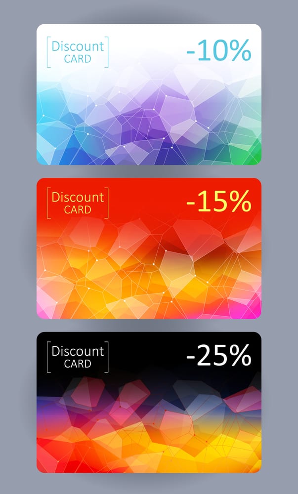 Gift cards with percentage discounts printed on them.