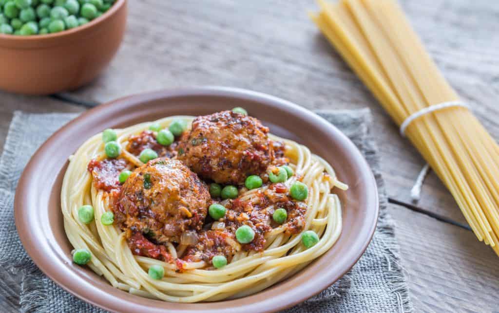 Turkey meatballs with pasta and fresh peas