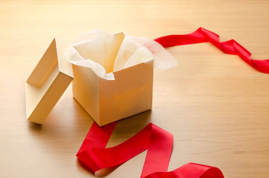 Unwrapped gift box surrounded by red ribbon.