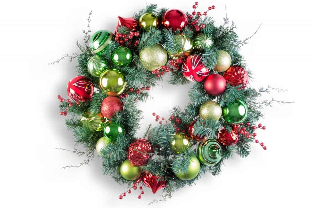 Colorful circular pine and bauble Christmas wreath