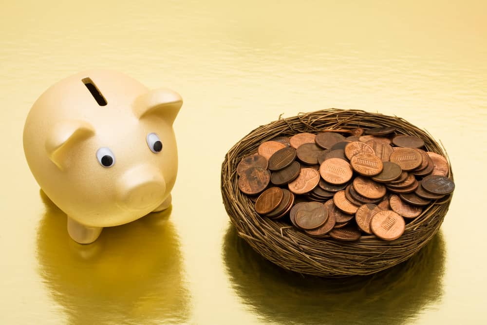 A piggy bank next to a bowl of pennies.