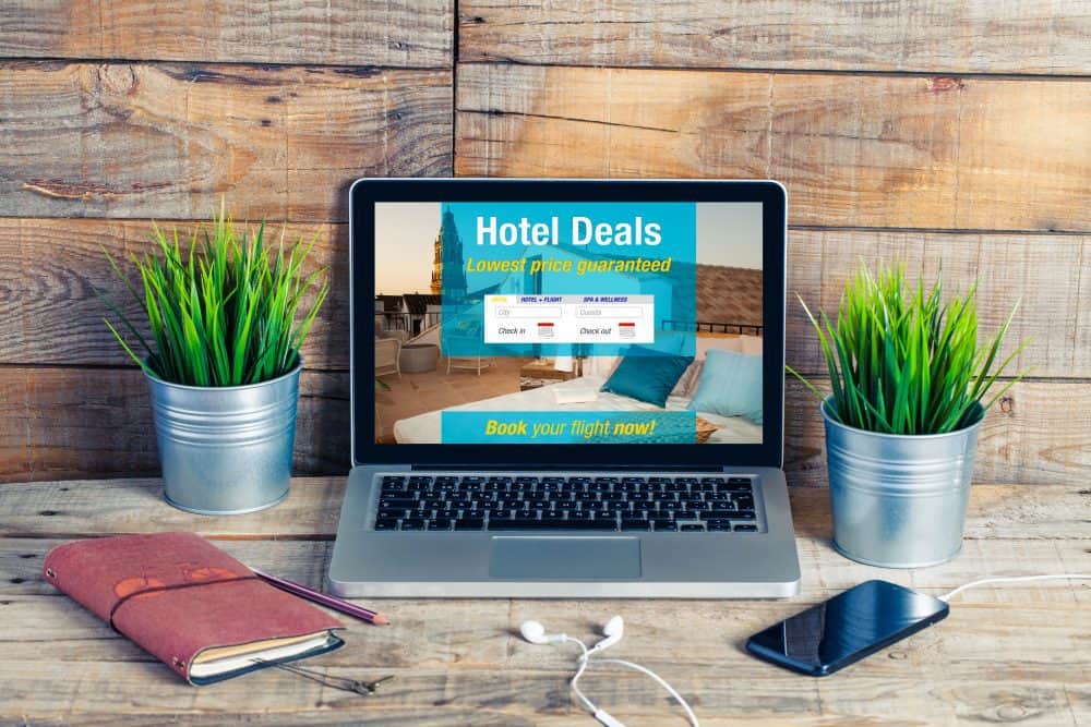 A computer screen with a home page saying "Hotel Deals"