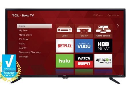 TV screen with streaming apps like Netflix and Hulu.