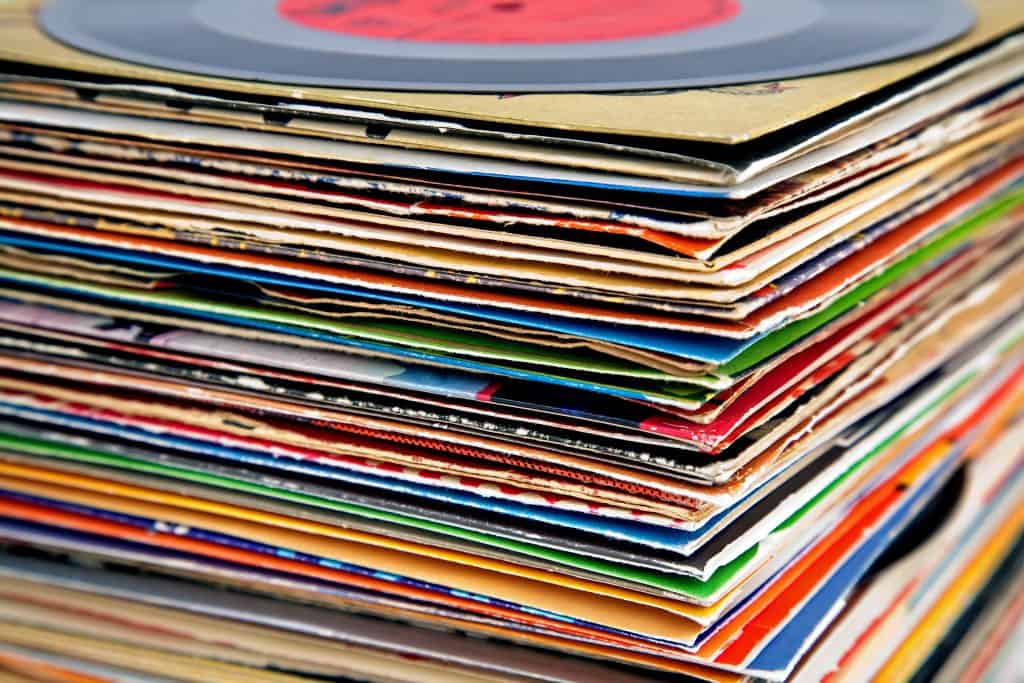 Extreme closeup of a stack of record albums.