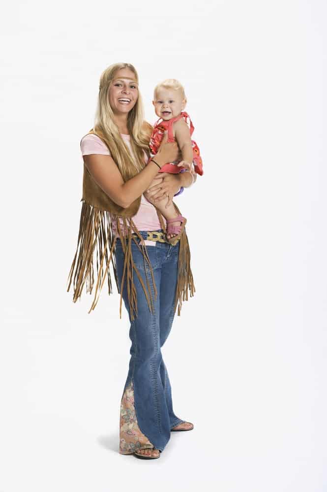 Halloween costumes you can make from normal clothes - bell bottom jeans, leather vest with fringe, braided leather belt, sandals