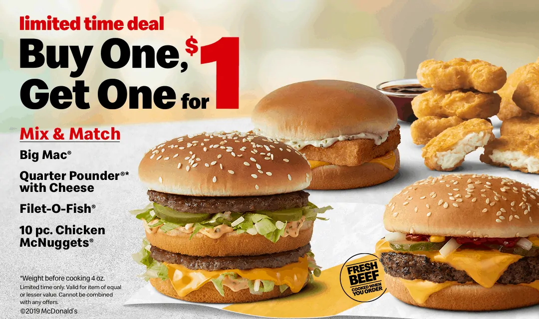 McDonald's offers buy-one-get-one for $1 deal on four menu favorites