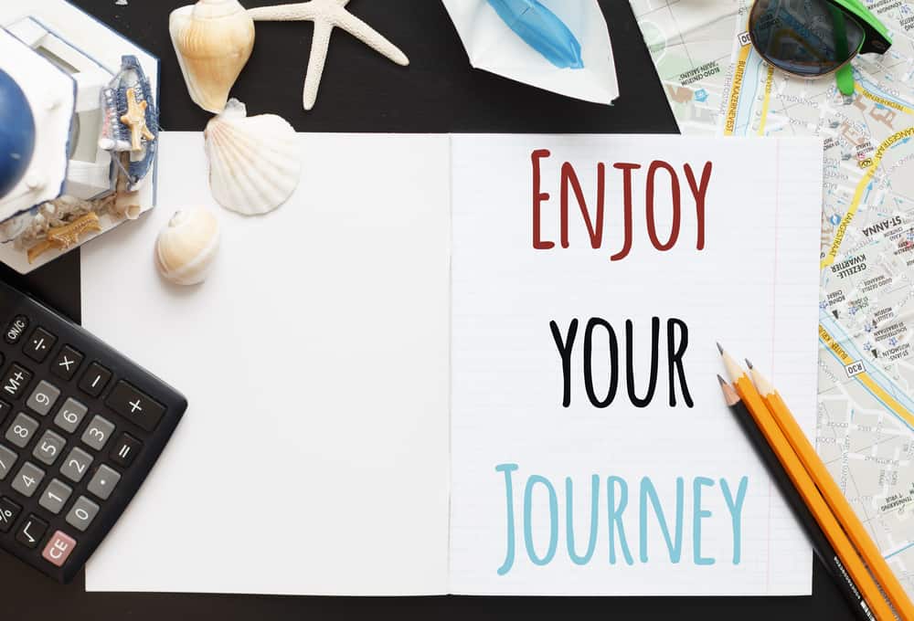 A notebook with "Enjoy Your Journey" written in it, surrounded by seashells.