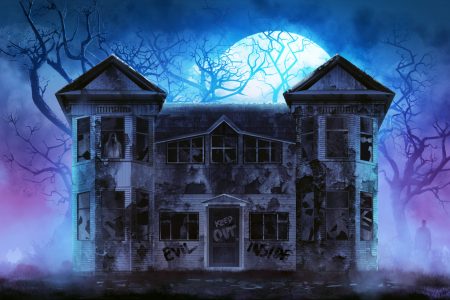 haunted house with moon rising in background