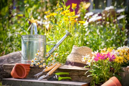 A straw hat, tin watering can and gardening tools on steps in a garden surrounded by flowers.