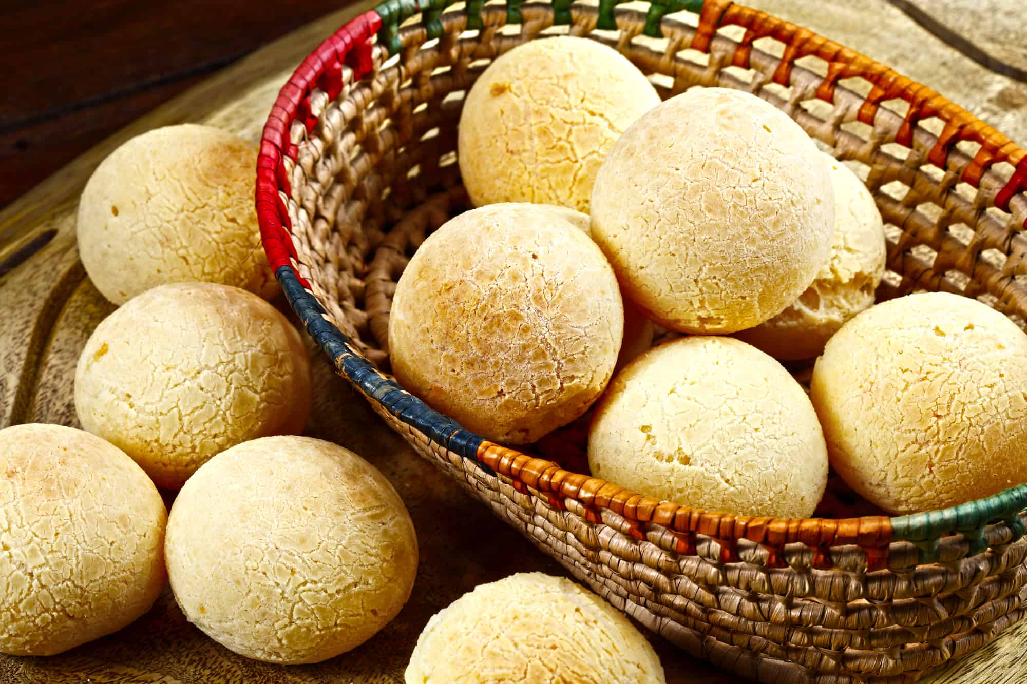 Brazilian cheese bread in a wicker basket