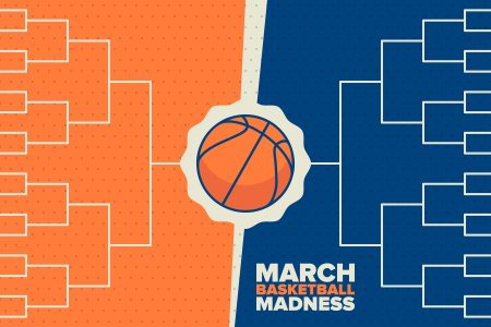 Illustration of basketball tournament brackets with half in blue and half in orange, with a basketball and March Basketball Madness in the center