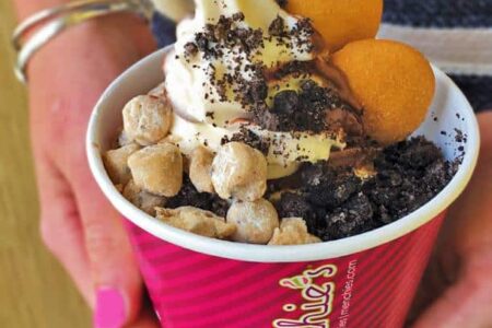 A cup of Menchie's frozen yogurt with toppings.