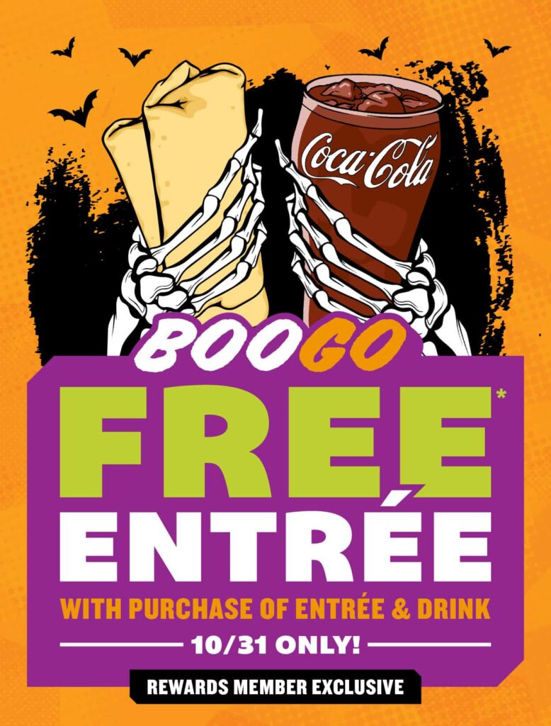 Enjoy buyonegetone free entrée at QDOBA Mexican Eats on Halloween