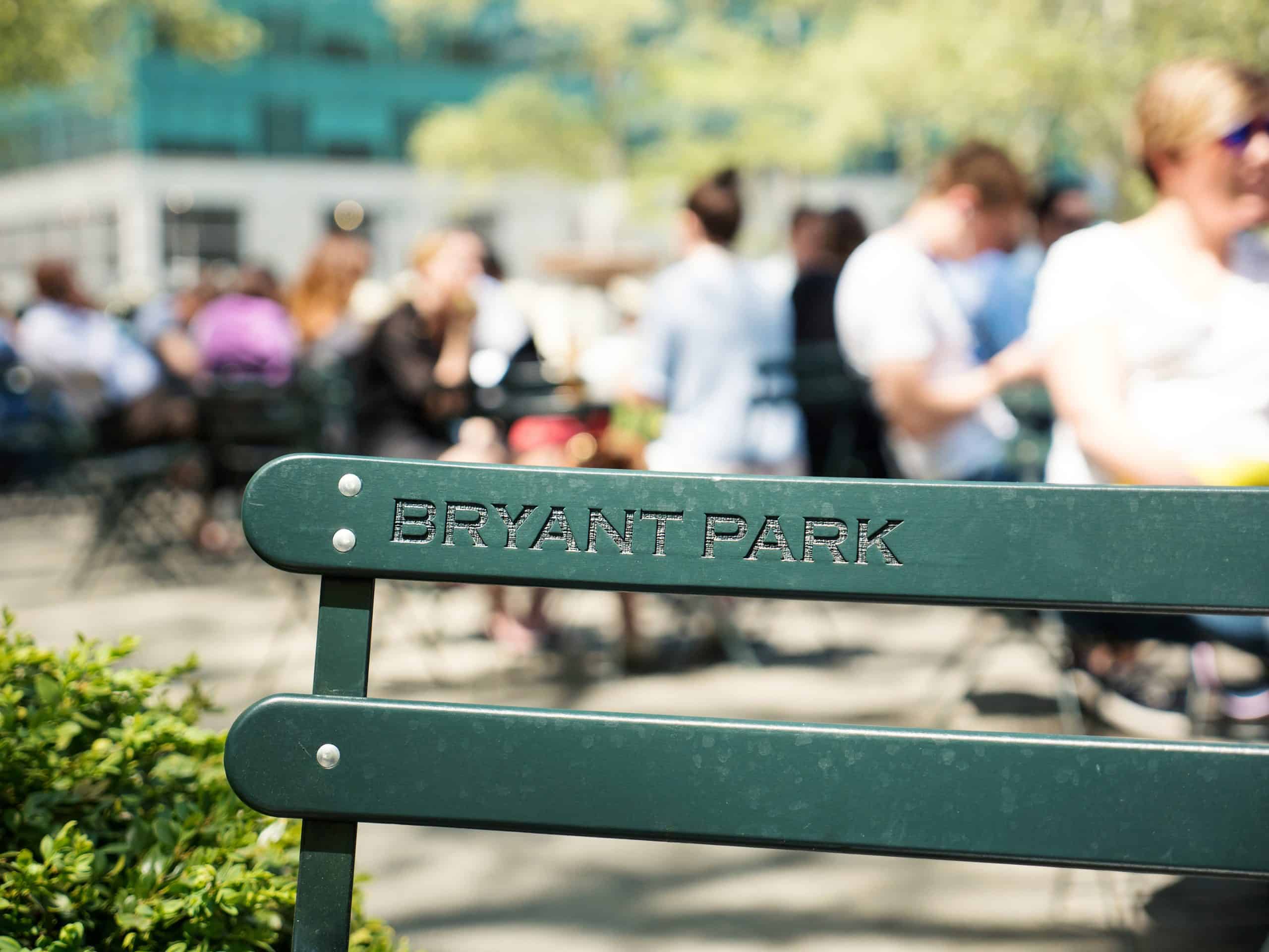 Green park bench at Bryant Park