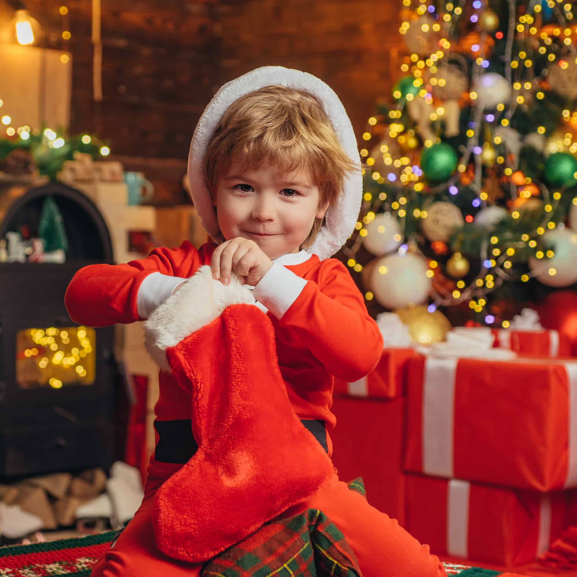 Smiling blond boy in Santa hat reaching into Christmas stocking