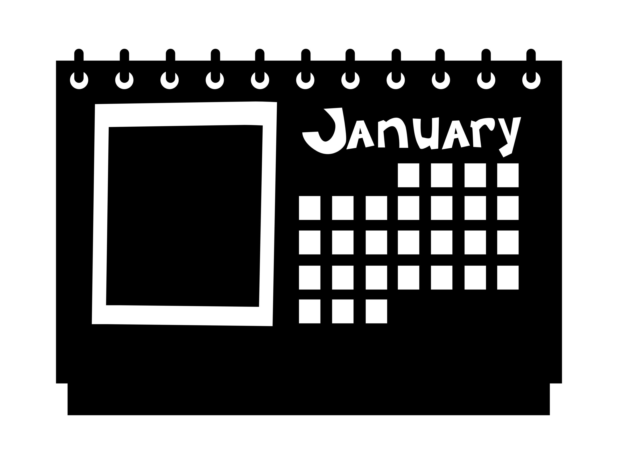 Black and white illustration of calendar turned to January.