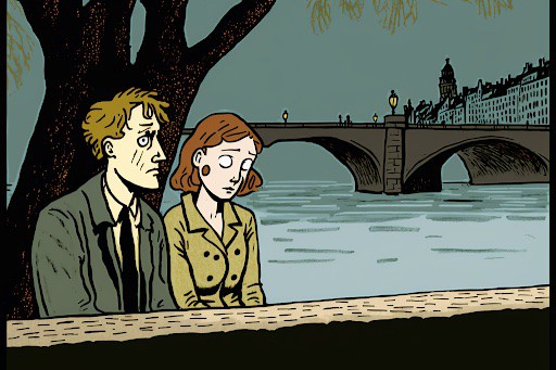 Illustration of sad couple sitting near a bridge over a river in Europe.