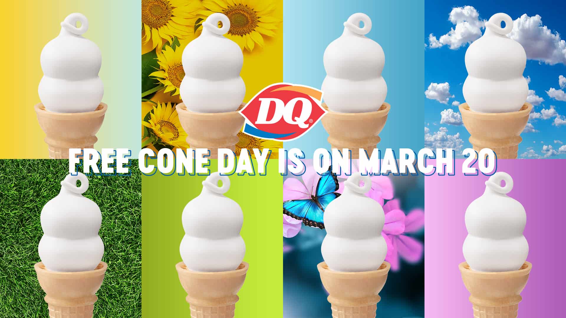 Vanilla cones from Dairy Queen against various spring-themed backgrounds.