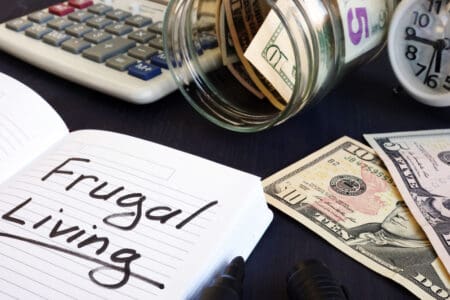 Frugal living written in a notebook next to a calculator and dollar bills.