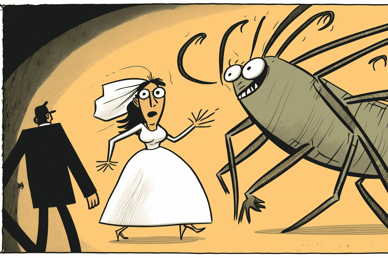 Cartoon drawing of bride being menaced by large bug.