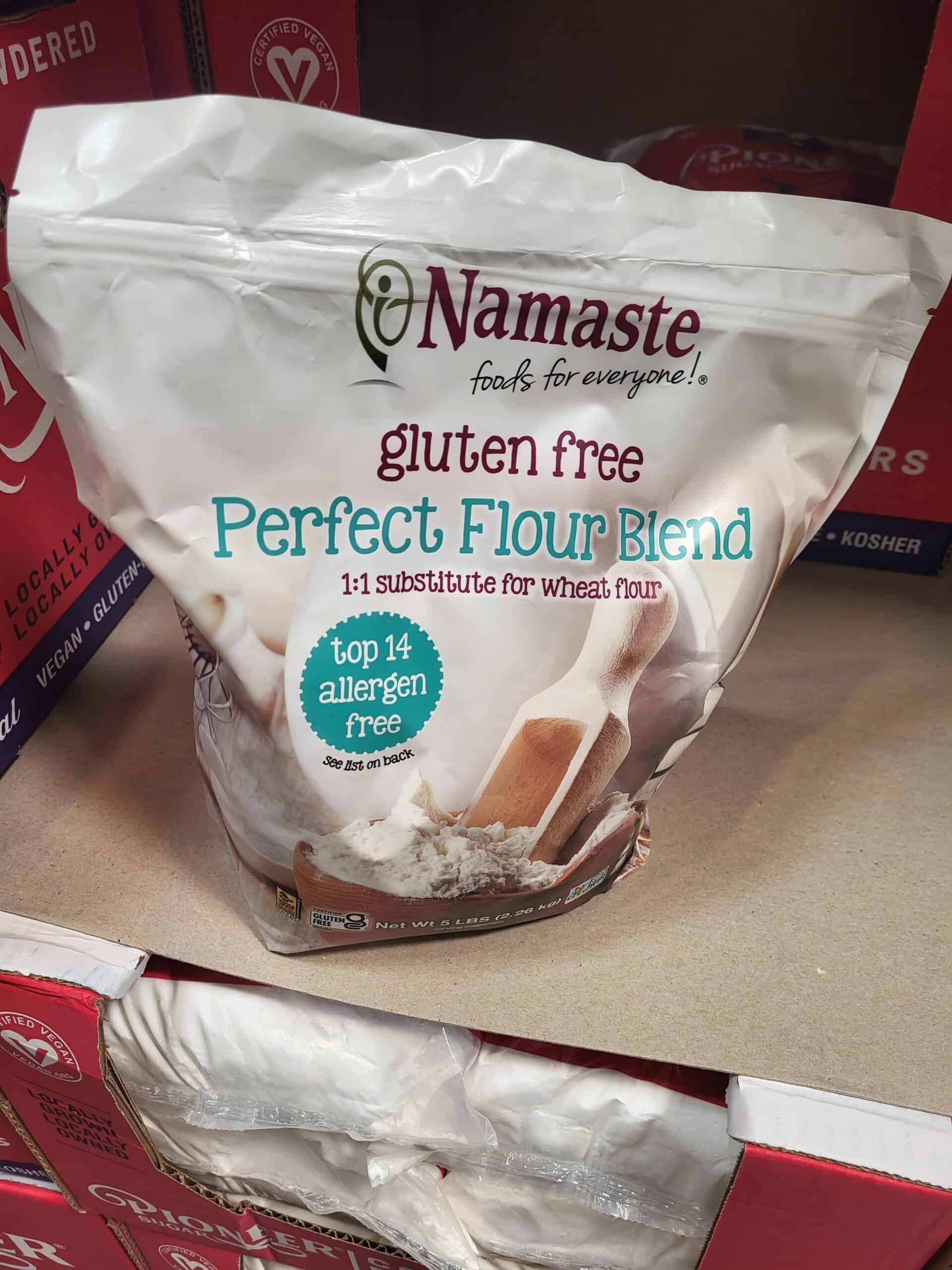 A bag of Namaste gluten-free flour on the shelf at Costco.