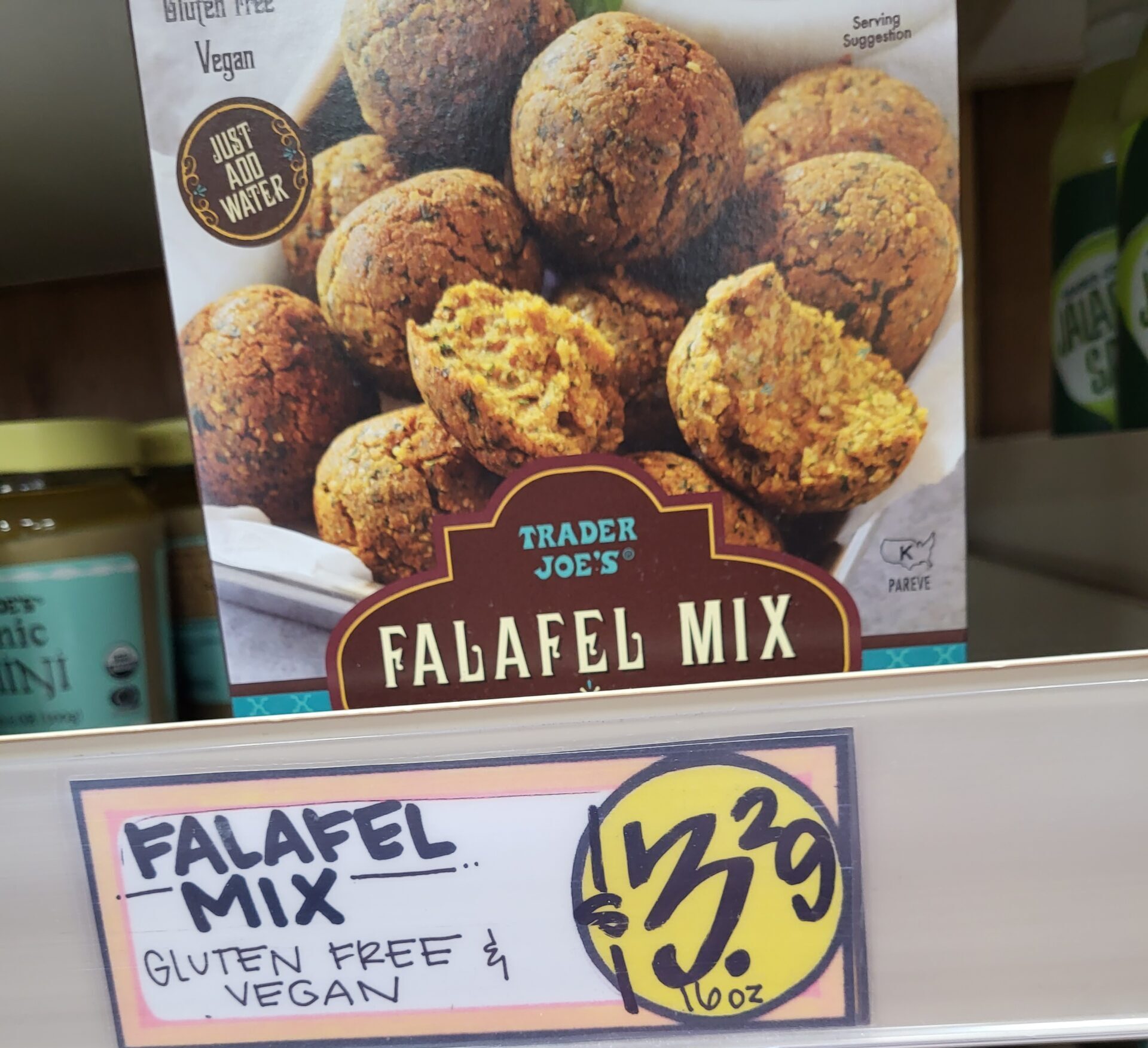 A box of Trader Joe's gluten-free falafel mix on the shelf.