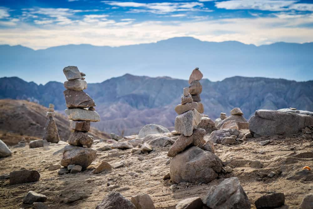 A human made pile of rocks in Painted Canyon Ladder Hike Trail at Palm Springs, California.