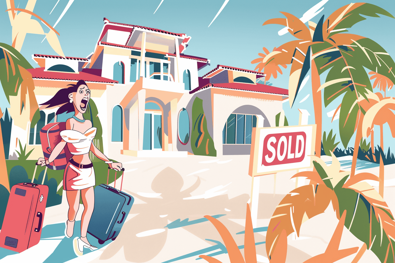 Illustration of woman with suitcase arriving at home with "sold" sign.