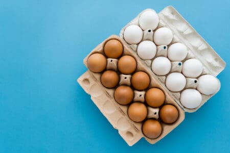 brown and white eggs in egg cartons