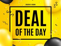 Deal of the day symbol. Balloon celebrate background. Special offer price sign. Advertising discounts symbol. Birthday balloon background. Celebrate yellow banner. Party frame message. Vector