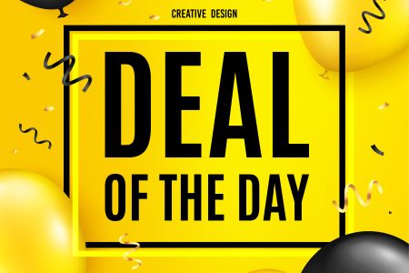 Deal of the day symbol. Balloon celebrate background. Special offer price sign. Advertising discounts symbol. Birthday balloon background. Celebrate yellow banner. Party frame message. Vector