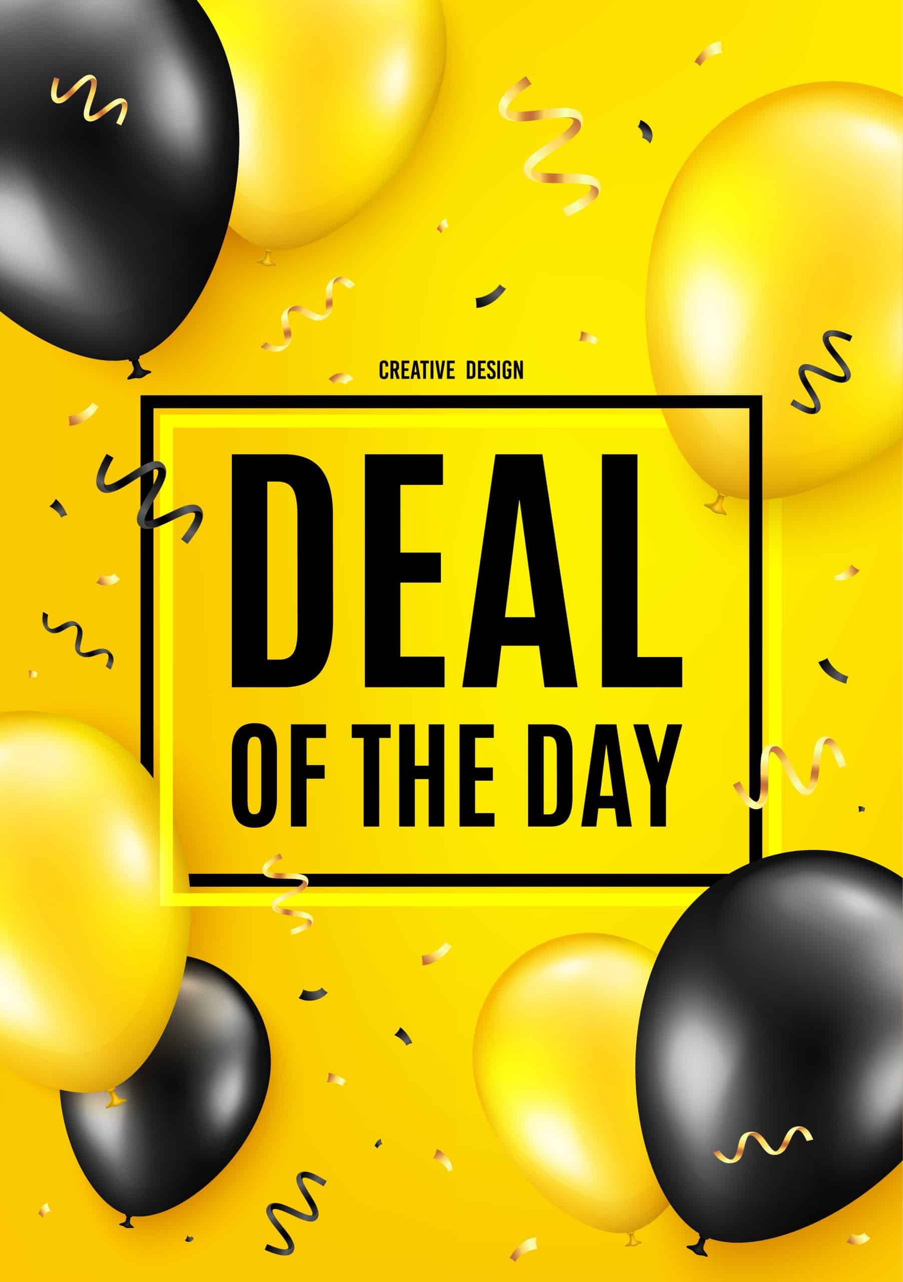 Deal of the day symbol. Balloon celebrate background. Special offer price sign. Advertising discounts symbol. Birthday balloon background. Celebrate yellow banner. Party frame message. Vector